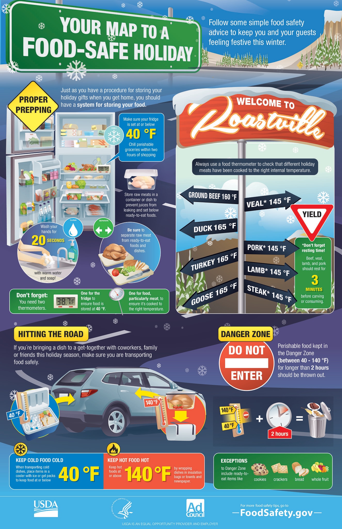 Infographic from FoodSafety.gov with a map for food-safe holidays and tips for prepping and traveling with food.