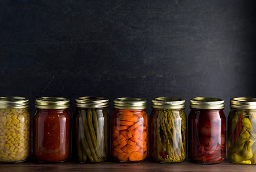 Various canned and pressure canned food items